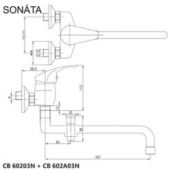 MEREO Nástěnná baterie do byt. jádra, Sonáta, 100 mm, s trubkovým ramínkem 330 mm, bez příslušentví, chrom (CB602A03N)