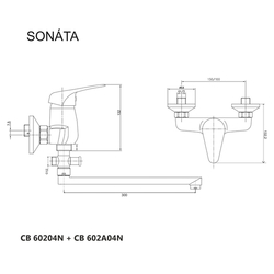 MEREO Nástěnná baterie do byt. jádra, Sonáta, 100 mm, s plochým ramínkem 300 mm, bez příslušentví, chrom (CB602A04N)