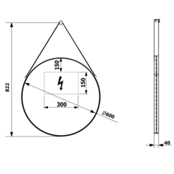 ORBITER kulaté zrcadlo s LED osvětlením ø 60cm, kožený pásek, černá mat, II. jakost